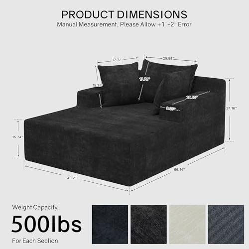 66" Chaise Lounge Chair Indoor, Oversized Boneless Lounge Chair with 3 Pillows, Chenille Cloud Reading Chair for Living Room Bedroom, Deep Seat Sleeper Couch, No Assembly Required