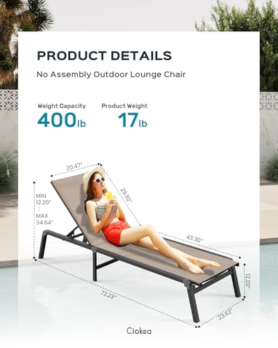 Ciokea Aluminum Chaise Lounge Ourdoor - Foldable & Assemble Free Outdoor Lounge Chair with 5 Adjustable Backrest, Patio Lounge Chair for Outside Poolside Beach Pool, Khaki