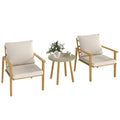 Outsunny Outdoor Bistro Set, 3 Piece Patio Set, Wood Effect Steel Round Table and Chairs with Wide and Deep Seat, Small Conversation Patio Furniture with Cushions for Backyard, Porch, Cream White