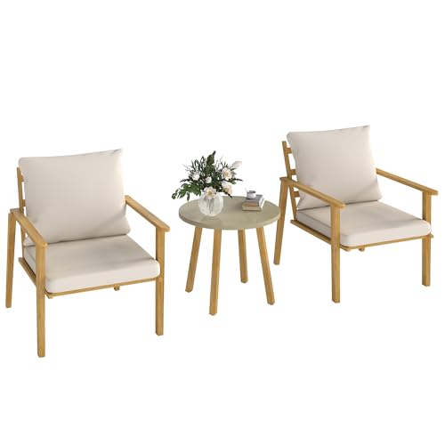 Outsunny Outdoor Bistro Set, 3 Piece Patio Set, Wood Effect Steel Round Table and Chairs with Wide and Deep Seat, Small Conversation Patio Furniture with Cushions for Backyard, Porch, Cream White