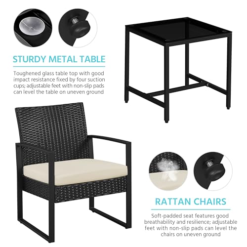 Yaheetech 3 Pieces Rattan Bistro Set, Outdoor Wicker Patio Modern Conversation Furniture, 2 Chairs & Tempered Glass Coffee Table for Garden, Balcony, Backyard, Poolside, Black/Beige
