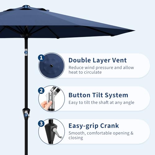 GarveeLife 9FT Umbrella Outdoor Patio, Table Umbrella with Push Button Tilt and Crank, 8 Sturdy Ribs Waterproof UV Protection for Garden, Pool, Deck, Backyard, Market (Navy)