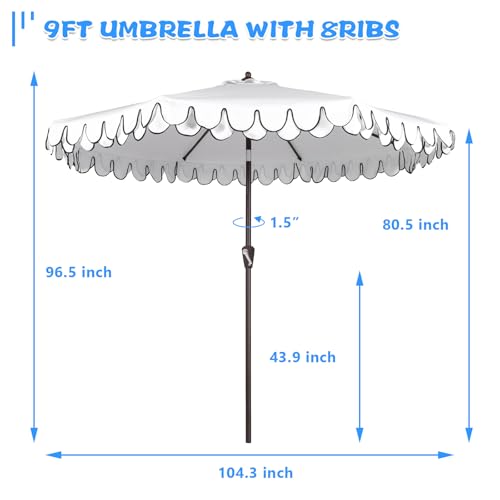Funsite 9Ft Elegant Valance Patio Umbrella, Outdoor Umbrellas for Patio with Tilt and Crank Systerm, Table Umbrella for Outdoors, Poolside,Beach, Backyard, White