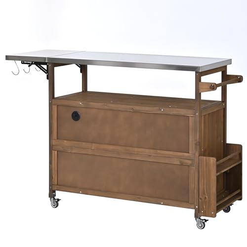 Christopher Knight Home Edsel Outdoor Bar Cart with Stainless Steel Top and Lockable Wheels, Solid Wood Outdoor Storage Cabinet, Kitchen Island Serving Cart for Poolside, Garden, Natural Brown+Silver