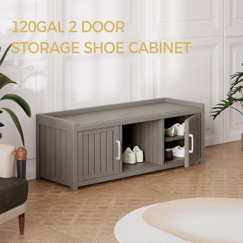Trygoal Storage Bench - Waterproof Resin Shoe Bench with Adjustable Shelves - Indoor & Outdoor Use, 2 Doors Entryway Bench with Hidden Storage Space - Storage Cabinet for Bedroom, Hallway, Grey