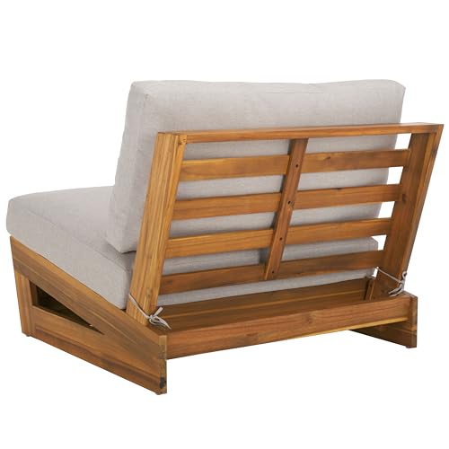 SAFAVIEH Outdoor - Lynn Lounge Chair Set of 2 - Natural & Light Grey - Solid Wood with Cushion - Modern Slatted Lounge Design - Ideal for Patio, Deck, Poolside, Backyard (PAT7328B-SET2)