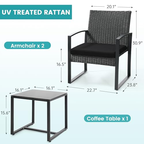 Skandiquip 3 Piece Outdoor Wicker Bistro Set, Rattan Patio Conversation Set with Coffee Table & Washable Cushions for Porch Yard Balcony, Black/Black