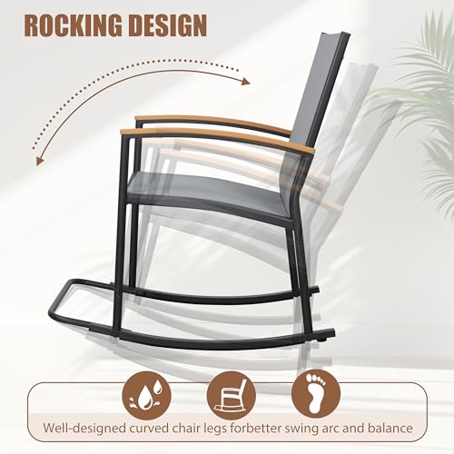 Shintenchi 3 Piece Outdoor Rocking Bistro Set, Textilene Fabric Small Patio Furniture Set, Front Porch Rocker Chairs Conversation Set with Table for Lawn, Garden, Balcony, Poolside (Light Gray)