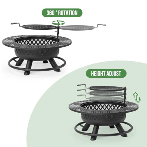Panovue 36 Inch Fire Pit with Grill,Wood Burning Fire Pits for Outside with Lid& Fire Poker,Round Metal Firepit Table 3 in 1 with Cooking Grate,Outdoor Firepits for Yard Patio Bonfire Camping(Black)