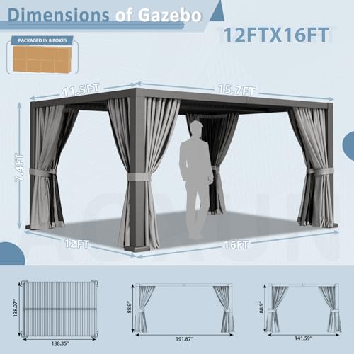Aoxun Louvered Pergola 12' x 16' Aluminum Outdoor Pergola with Independent Adjustable Roofs, Curtains and Netting, Built-in Drainage System for Patios & Backyards, Rust Resistant Frame