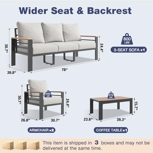 Aoxun Aluminum Patio Furniture Set 5 Seats, Oversized Outdoor Sectional with Washable Thick Cushions, Coffee Table, Patio Conversation Sets for Porch, Balcony, Deck
