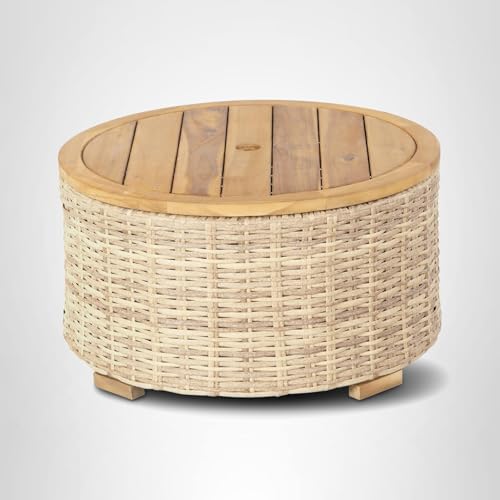 SAFAVIEH Couture Outdoor - Anguilla Round Wicker Coffee Table - Solid Wood and Aluminum - Coastal Woven Design - Ideal for Patio, Deck, Porch, Backyard, 25.6"W x 25.6"D x 13.8"H (CPT2103A)