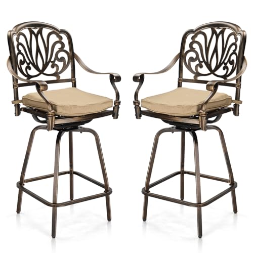 VINGLI Outdoor Swivel Bar Stools Set of 2, Cast Aluminum Patio Bar Height Chairs, All-Weather Bar Dining Chairs Outdoor Swivel Patio Furniture (Elizabethan Back)