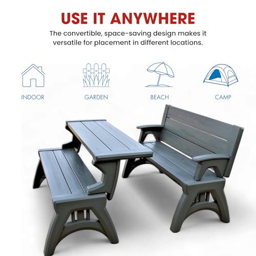 Convert-a-Bench 2-in-1 Outdoor Bench & Picnic Table - Foldable, Weather-Resistant Seating - Perfect for Patio, Lawn, Garden, or Deck - Durable & Easy Assembly - 1 Bench/Order, Platinum Gray