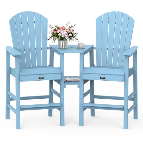 VINGLI Tall Adirondack Chairs Set of 2, All Weather HDPE Bar Height Adirondack Chair with Double Trays, Adirondack Barstools for Balcony, Poolside, Backyard and Patio (Blue)