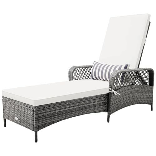 COSTWAY PE Rattan Chaise Lounge Chair, 6 Gear Adjustable Recliner with Armrest & Pillow, Wicker Outdoor Furniture for Deck, Patio (1, Gray)