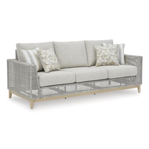 Signature Design by Ashley Seton Creek Cottage Nuvella Weather Resistant Fabric Outdoor Sofa with Cushion and 4 Throw Pillows, Light Brown & Light Gray