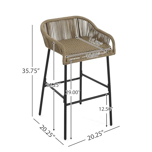 Christopher Knight Home Outdoor Patio Rope Weave Iron Barstools, Powder Coated Iron Frame Barstools, Black Brown, Set of 2