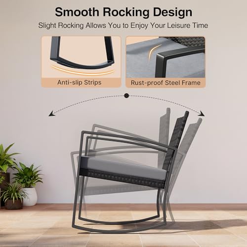 Qsun 3 Pieces Patio Furniture Set Rocking Bistro Set Outdoor Rattan Conversation with Coffee Table for Garden Balcony Backyard Poolside (Grey Cushion)