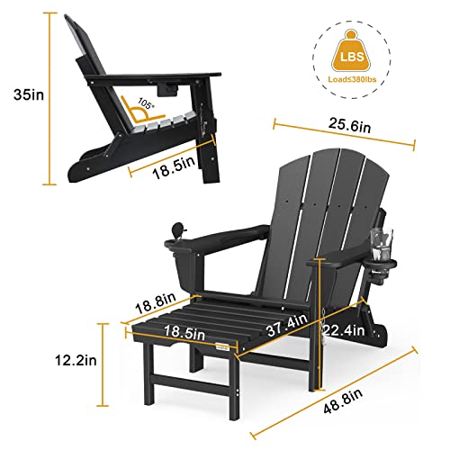 Mdeam Folding Adirondack Chair with Retractable Ottoman, HDPE All-Weather Fire Pit Chair with 2 Cup Holders, Outdoor Chair for Deck Patio Garden Backyard Lawn (Black)