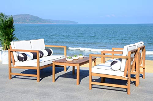 SAFAVIEH Outdoor Collection Montez Natural/ White Cushions/ Striped Bolster Pillows 4-Piece Conversation Patio Set