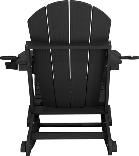 KINGYES Adirondack Rocking Chair with Retractable Ottoman and Cup Holders, HDPE Adirondack Rocker Patio Rocking Chair for Porch, Patio, Balcony, Black