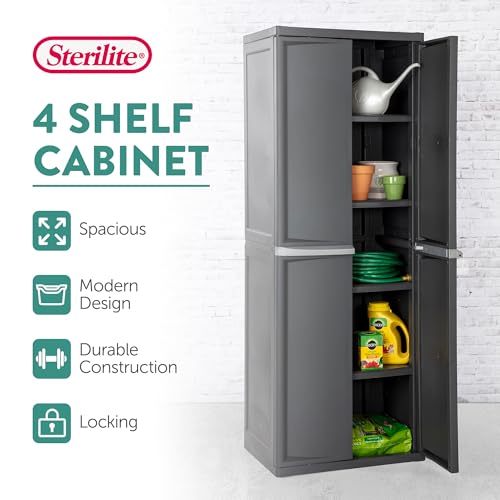 Sterilite 4 Shelf Cabinet, Heavy Duty and Easy to Assemble Plastic Storage Unit, Organize Bins in the Garage, Basement, Attic, Mudroom, Gray, 1-pack