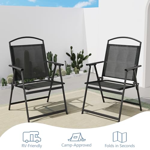 SWITTE Folding Patio Chairs Set of 2, Outdoor Dining Chairs with Armrests, Breathable Textilene & Steel Frame for Lawn, Garden, Yard or Poolside - Black