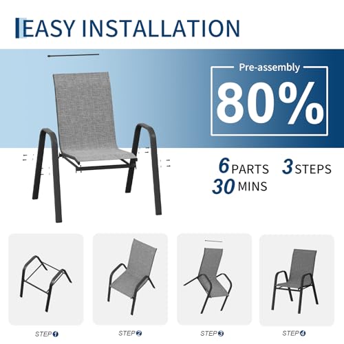 GarveeLife Patio Chairs Set of 6, Outdoor Dining Chairs with Textilene Fabric, All-Weather Stackable Chairs with High Back for Deck, Backyard, Poolside, Garden, Balcony (Grey)