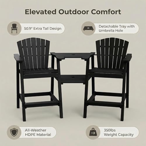 GLANC Tall Adirondack Chairs Set of 2, All Weather HDPE Bar Height Balcony Adirondack Chair with Removable Double Connecting Trays, Black Outdoor Adirondack Barstools for Deck Patio Yard Pool Lawn