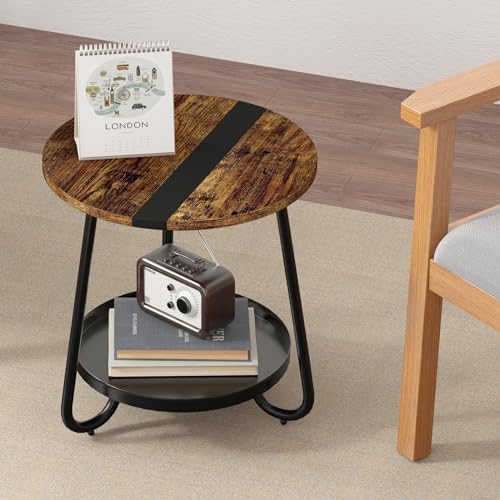 MOFAIN 2 Tier Coffee Table in Living Room, Industrial Style Round Coffee Table with Metal Tray, Wood Small Outdoor Coffee Table for Bedroom Balcony Patio, Rustic Brown