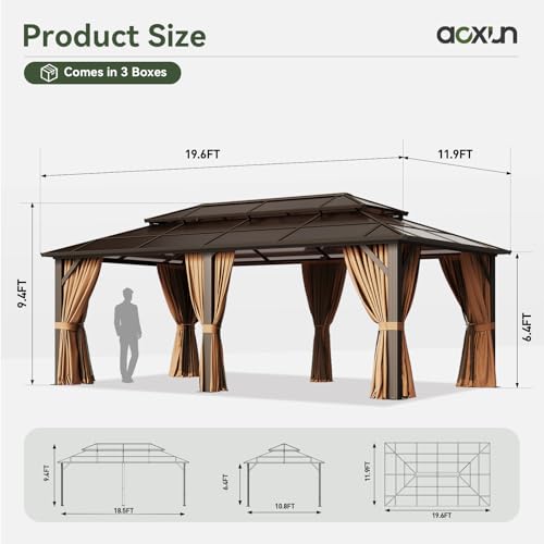 Aoxun 12'x20' Hardtop Gazebo, Aluminum Frame Permanent Pavilion with Curtains and Netting, Outdoor Polycarbonate Double Roof Canopy, Designed for Garden, Lawns, Patio