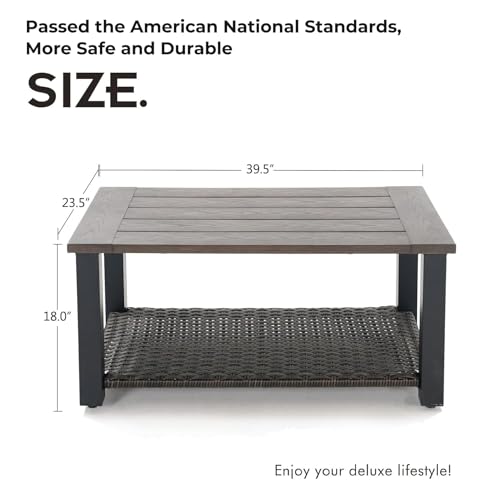 Grand patio Outdoor Coffee Table with Wicker Shelf Storage, 40-inch Rectangle Modern Patio Coffee Table with Faux Wood Tabletop, Fits with Outdoor Conversation Set
