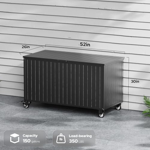 RICNOD Outdoor Storage Box with Wheels 150 Gallon, Mobile Aluminum Deck Boxes Outdoor Waterproof, UV Resistant Patio Storage Box with Lid for Patio Furniture, Garden Tools, Outdoor Cushion(Blank)