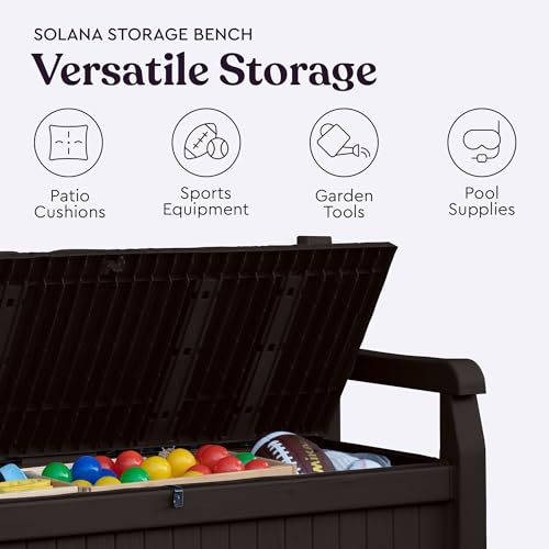 Keter Solana 70 Gallon Storage Bench Deck Box for Patio Furniture, Front Porch Decor and Outdoor Seating – Perfect to Store Garden Tools and Pool Toys, Brown/Brown