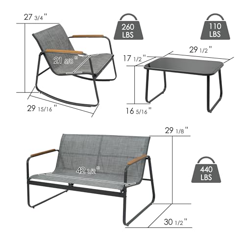 Kozyard 4-Piece Outdoor Patio Furniture Set with Textilene Chairs, Metal Conversation Set, Tempered Glass Coffee Table, Powder-Coated Steel Frame for Garden, Poolside, Backyard Gray