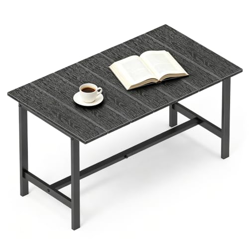 mapleway 33" Outdoor Coffee Table for Patio, Heavy Duty Metal Frame with Wood Slat Top, Weather Resistant Outside Table for Garden Deck Balcony Porch, Easy Assembly, Black