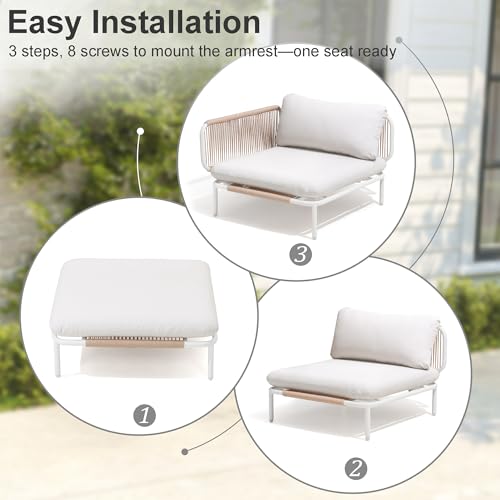 VredHom 4 Piece Modern Outdoor Sectional Sofa, 31" Oversized Patio Furniture Set with Olefin Woven Rope, Weather-Resistant Metal Frame and Removable Cushion, Beige