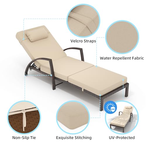 GarveeLife 2-Piece Rattan Patio Folding Chaise Lounge, 5-Position Adjustable Backrest Outdoor Lounge Chair with Cushion and Pillow for Poolside, Backyard, Deck, Porch, Beige