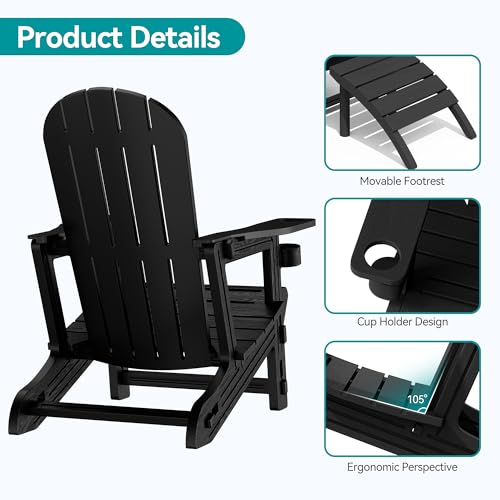 Vongrasig Adirondack Chairs Set of 2 with Removable Tabletop and Footrest, HDPE Plastic Outdoor Chair Set with Wooden Textured, Cup Holder for Patio, Poolside, Garden, Black, 5 Pieces