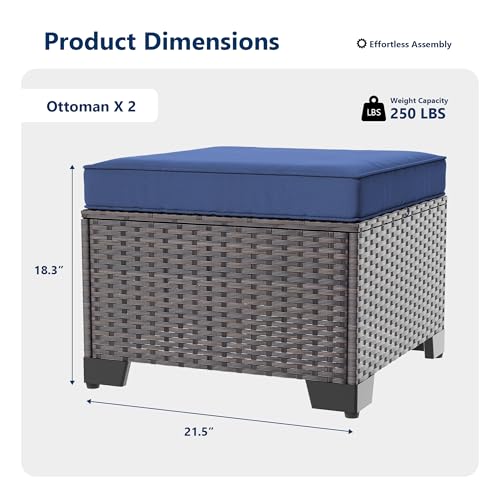 Kullavik Outdoor Ottoman Set of 2,All-Weather PE Wicker Outdoor Footstool with Thickened Cushions for Garden,Backyard,Deck,Porch,Poolside,Navy Blue