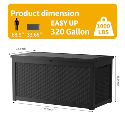 TARKARI 320 Gallon Lockable Resin Deck Box, Waterproof & UV-Resistant Outdoor Storage Box for Outdoor Cushion Storage, Garden Tools & Pool Accessories Storage, Black
