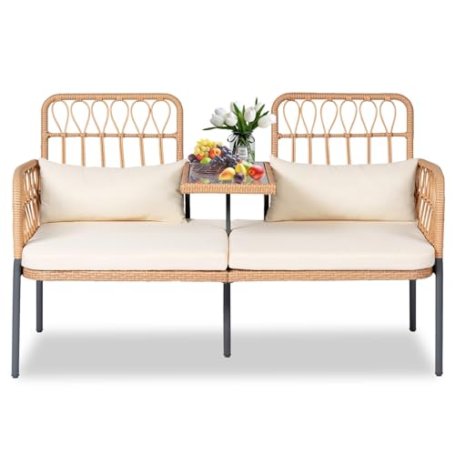 PROHIKER ROHIKER Outdoor Patio Loveseat Rattan Loveseat 2-Seat Furniture with Built-in Table, Lumbar Pillows and Cushions, All-Weather Small Patio Couch for Balcony, Lawn, Backyard