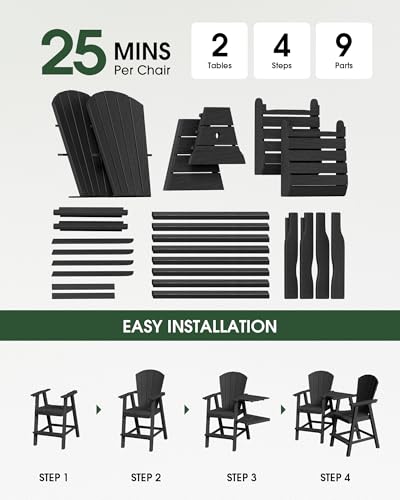 SUUNYN Tall Adirondack Chairs Set of 2, HDPE High Adirondack Chairs with Double Removable Trays, All Weather Outdoor Barstools for Patio, Balcony, Backyard, Deck and Garden, Black