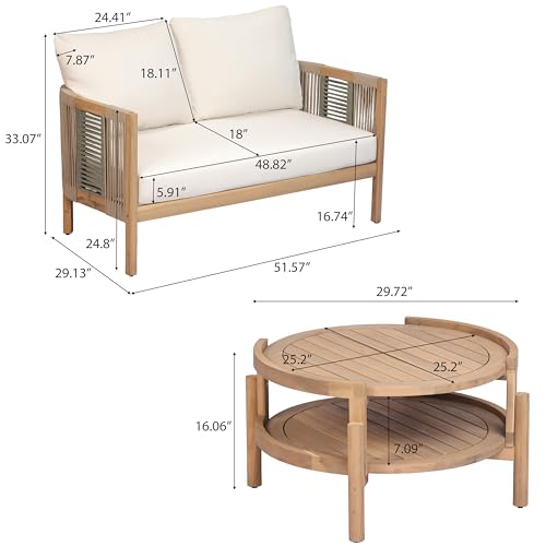 Christopher Knight Home 5-Piece Acacia Wood Patio Furniture Set with Coffee Table, 7 Seater Outdoor Conversation Sofa Set, Patio Sectional Chat Set for Backyard Balcony, Teak+ Beige
