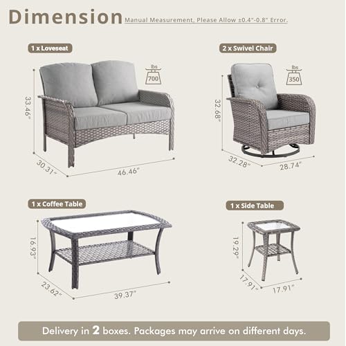 Weaxty Wicker Patio Furniture Set with Swivel Rocker Chairs Outdoor Loveseat Sofa and Rattan Coffee Table, 5 Pieces Outdoor Conversation Sets for Patio Porch Deck Backyard Poolside, Dark Gray