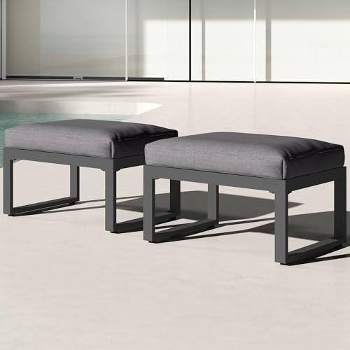 RoyalCraft 2 Pieces Aluminum Outdoor Patio Ottoman Set, Outdoor Foot Stools with Thick Cushion, Small Seat Furniture for Porch Balcony Backyard, Grey