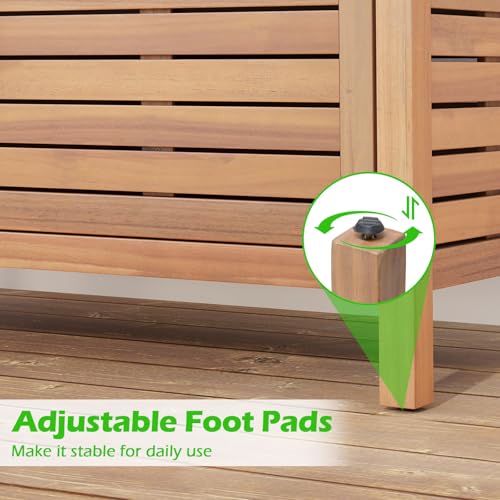 Goplus Patio Storage Cabinet, 2-Door Acacia Wood Console Table with Faux Marble Top, Outdoor Wooden Sideboard for Deck, Garden, Backyard & Entryway