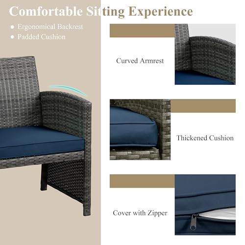 JAMFLY 4 Piece Outdoor Patio Furniture Set, Outdoor Wicker Rattan Chairs Conversation Sets with Cushions & Coffee Table for Outside, Garden, Balcony, Porch, Dark Blue