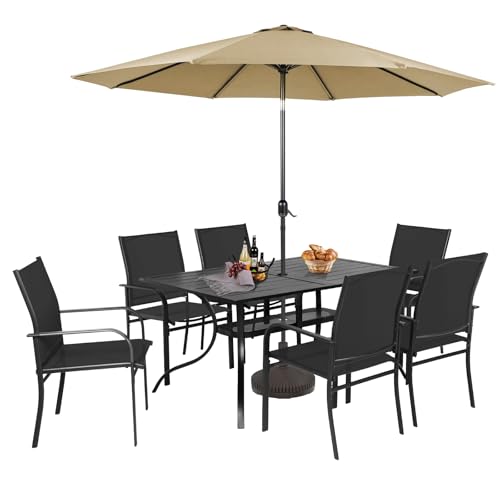 SUNCROWN 8 - Piece Outdoor Dining Set, Patio Furniture Set with 6 Textilene Dinning Chairs, 1 Rectangle Metal Table and 1 Brown 9Ft Patio Umbrella for Lawn Garden Backyard Deck, Black